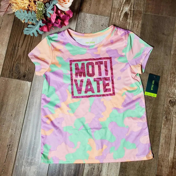 NWT TEK GEAR Girls Pastel Camo Bling Crewneck Performance Shirt Medium Size 8 - Picture 1 of 9